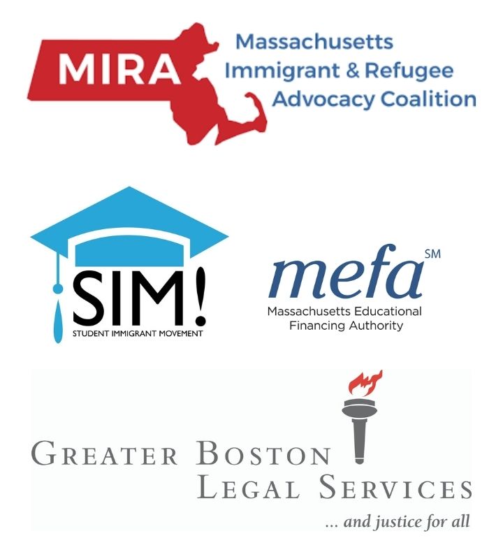 Logos, from top to bottom: Massachusetts Immigrant & Refugee Advocacy Coalition (MIRA), Student Immigration Movement (SIM), Massachusetts Educational Financing Authority (mefa) and Greater Boston Legal Services