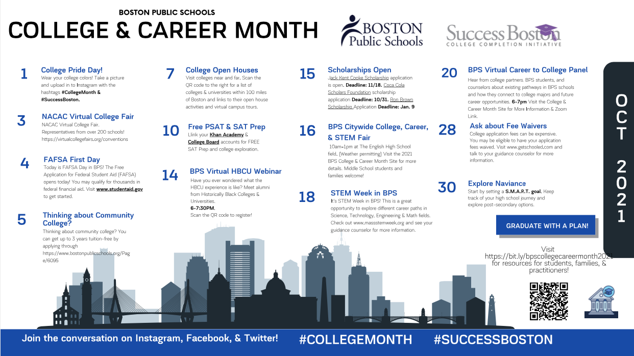 An image of BPS's 2021 College and Career Month calendar with event and resource listings.